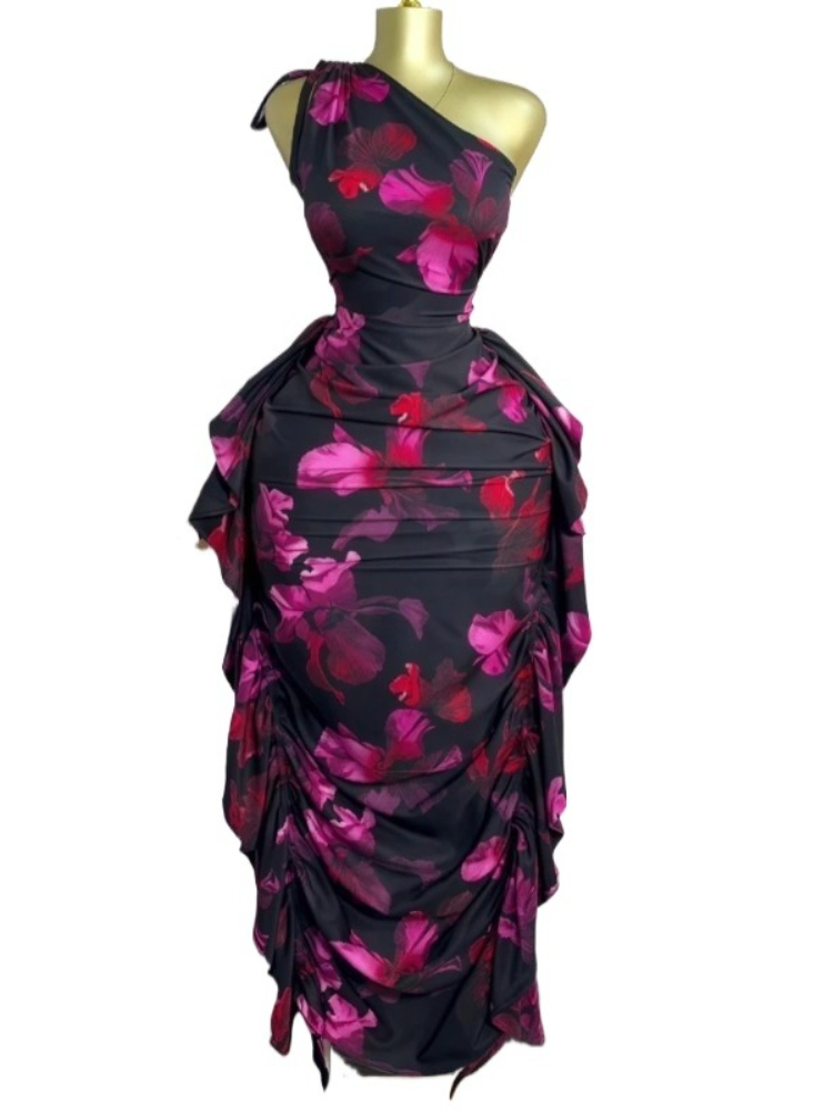 Midi Skirt Floral - Femmes imprimé fleuri une épaule sans