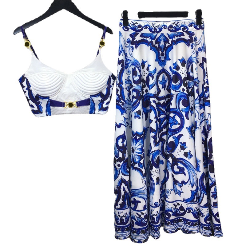 Romper Floral Print - Ensemble d'été bohème en porcelaine bleue