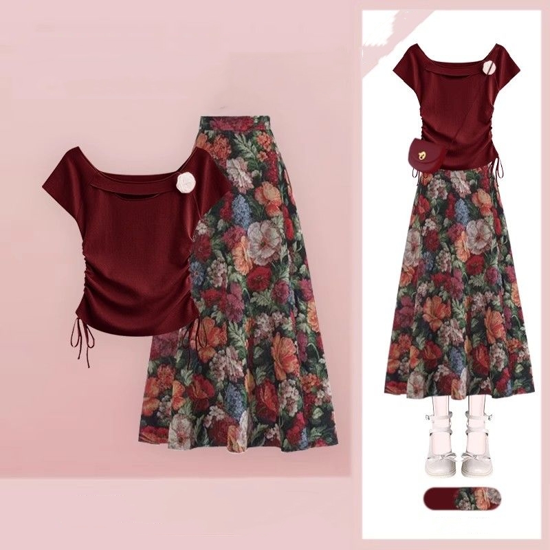 Midi Skirt Floral - Femmes chanceux vin rouge T-Shirts jupes