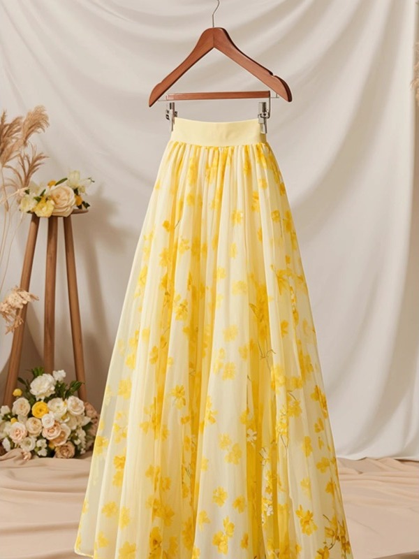 Jupe mi-longue jaune taille ha - Midi Skirt Floral avis et prix