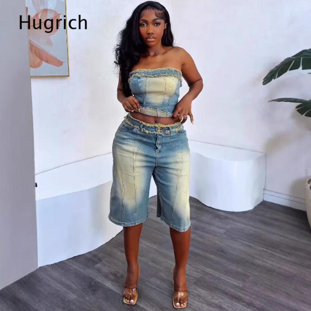 Ensemble crop top bustier déla - Shorts Denim Frayed avis et prix