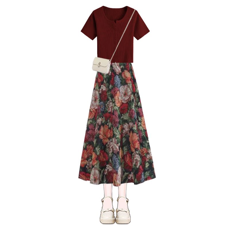 Femmes chanceux vin rouge T-Sh - Midi Skirt Floral avis et prix